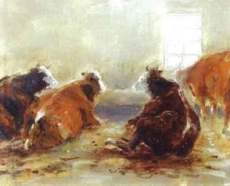 Studio d'interno di stalla con mucche